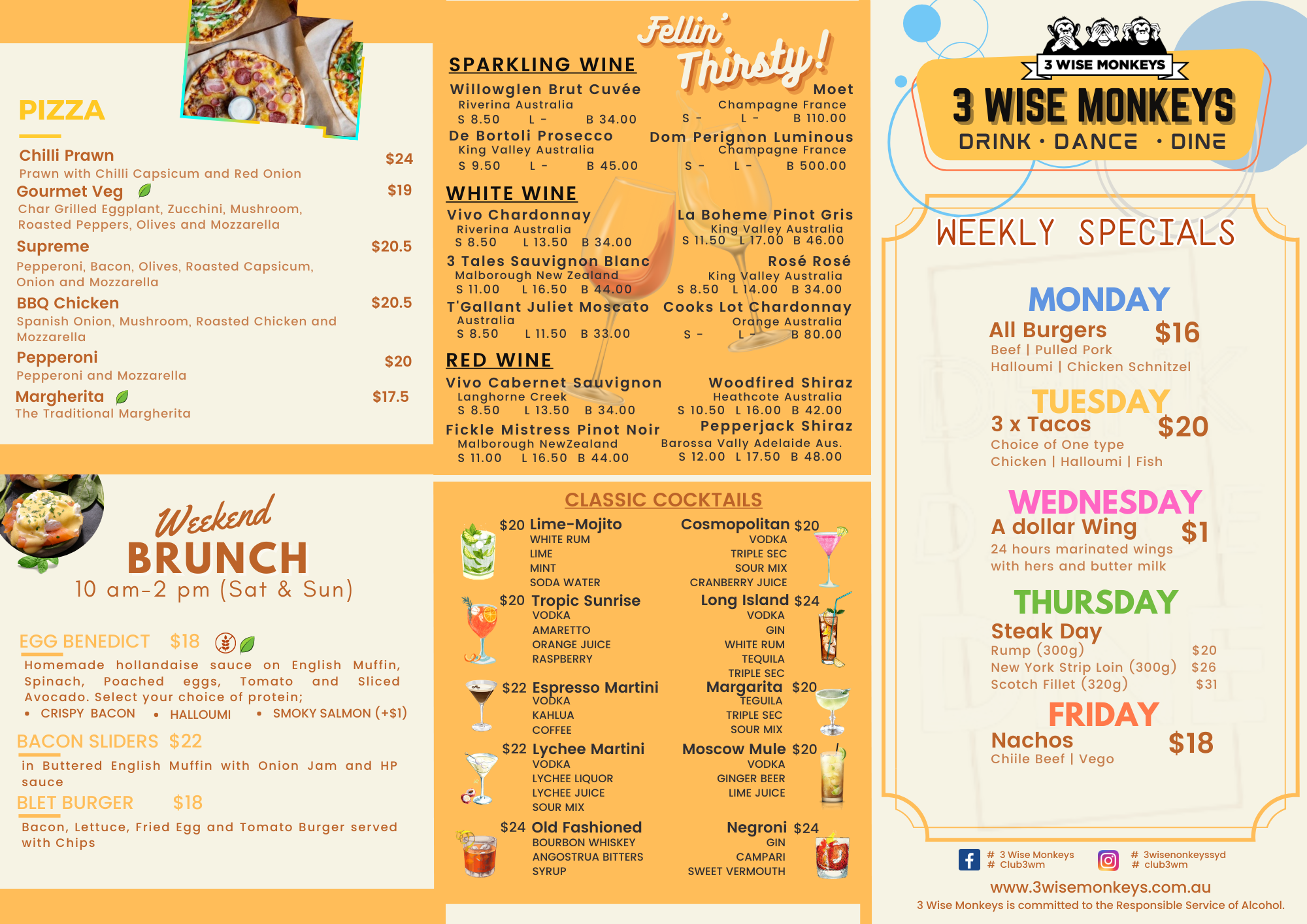 3 wise monkeys pub menu